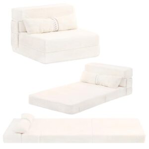 Tiita Folding Sofa Bed Couch.Single Size Foldable Futon Chair Bed with Pillow. Folding Sleeper Sofa Chair Bed Floor Mattress for Guest Room. Living Room. Beige
