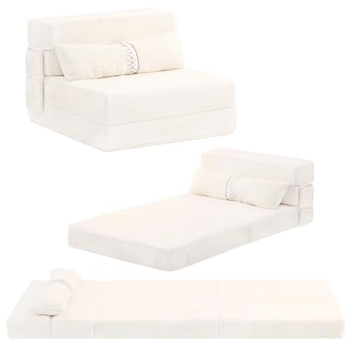 Tiita Folding Sofa Bed Couch.Single Size Foldable Futon Chair Bed with Pillow. Folding Sleeper Sofa Chair Bed Floor Mattress for Guest Room. Living Room. Beige