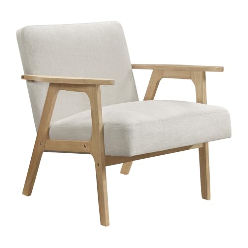 Lexicon Mid Century Modern Accent Chair. Upholstered Lounge Armchair. Single Sofa Seat. Natural Finish Solid Wood Framed Comfy Side Chairs for Living Room/Bedroom/Office/Waiting Area. Beige