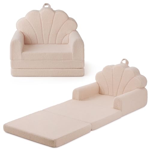 Blissful Diary Kids Couch. 2-in-1 Soft Toddler Couch Fold Out. Toddler Chair Comfy. Convertible Sofa to Lounger. Kids Furniture for Playroom. Gift for Birthday. Children's Day. Beige Shell