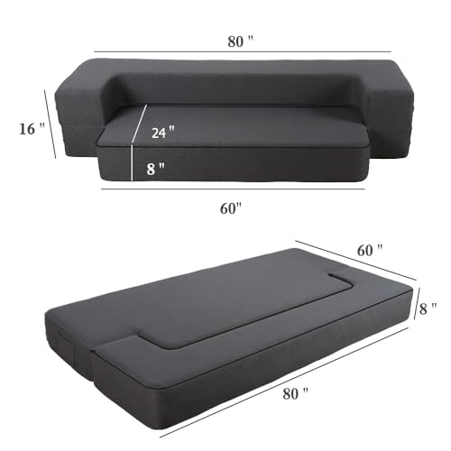 HonTop 8 Inch Folding Sofa Bed Couch Queen Memory Foam Convertible Futon Sleeper Chair Foam Bed for Bedroom Living Room Guest. Dark Grey Queen