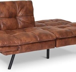 Hcore Convertible Futon Sofa Bed Brwon PU Memory Foam Loveseat.Small Euro Lounger Sofa for Compact Living Spaces.Apartment.Dorm.Studio.Guest Room.Home Office