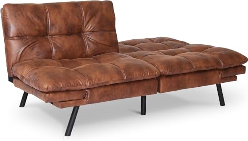 Hcore Convertible Futon Sofa Bed Brwon PU Memory Foam Loveseat.Small Euro Lounger Sofa for Compact Living Spaces.Apartment.Dorm.Studio.Guest Room.Home Office
