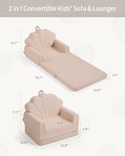 Blissful Diary Kids Couch. 2-in-1 Soft Toddler Couch Fold Out. Toddler Chair Comfy. Convertible Sofa to Lounger. Kids Furniture for Playroom. Gift for Birthday. Children's Day. Beige Shell
