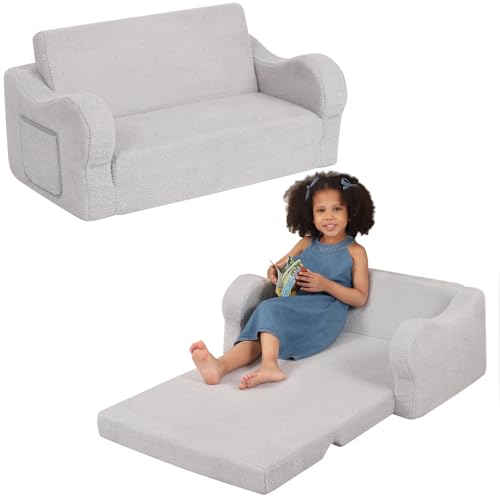 BestRoyal Extra Wide Toddler Chair. 2-in-1 Toddler Couch Fold Out. Convertible Sherpa Sofa to Lounger for Boys & Girls. Grey