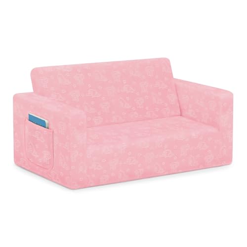 Delta Children Serta Perfect Sleeper Extra Wide Convertible Sofa to Lounger. Comfy 2-in-1 Flip Open Couch/Sleeper for Kids. Pink