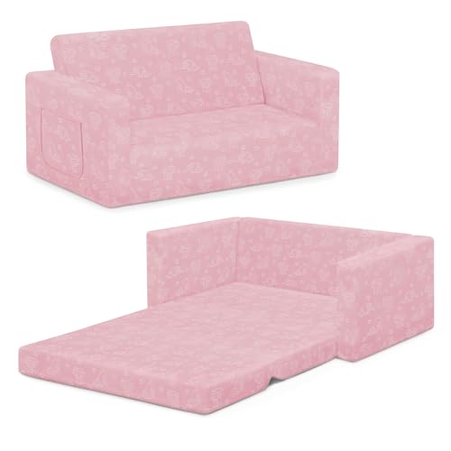 Delta Children Serta Perfect Sleeper Extra Wide Convertible Sofa to Lounger. Comfy 2-in-1 Flip Open Couch/Sleeper for Kids. Pink