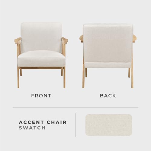 Lexicon Mid Century Modern Accent Chair. Upholstered Lounge Armchair. Single Sofa Seat. Natural Finish Solid Wood Framed Comfy Side Chairs for Living Room/Bedroom/Office/Waiting Area. Beige