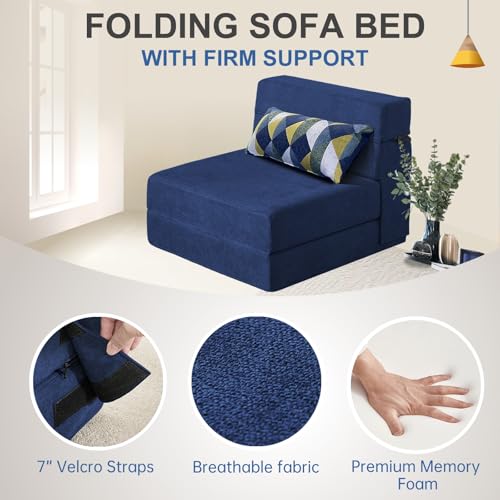 Nigoone Convertible Sleeper Chair Bed with Pillow Memory Foam Fold Sofa Bed Couch Futon Lazy for Living Room/Home Office/Guest Beds/Apartment/Upstairs Loft.Single Size.Dark Blue