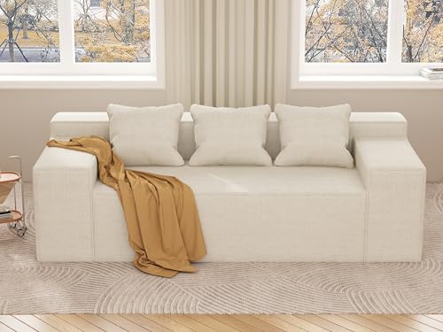 Modern 3-Seater Sofa. Hybrid Sofa in a Box. No Assembly Required. Comfy Sofa Couch with 3 Matching Pillows. Cat-Scratch Resistant Linen. Couch for Living Room or Bedroom. Beige