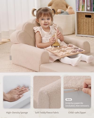 Blissful Diary Kids Couch. 2-in-1 Soft Toddler Couch Fold Out. Toddler Chair Comfy. Convertible Sofa to Lounger. Kids Furniture for Playroom. Gift for Birthday. Children's Day. Beige Shell