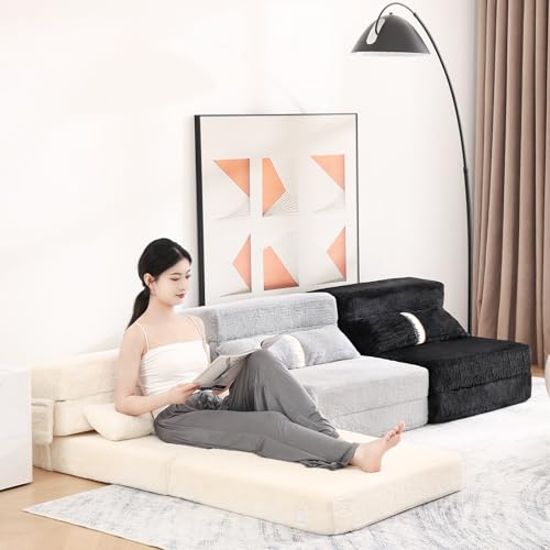 Tiita Folding Sofa Bed Couch.Single Size Foldable Futon Chair Bed with Pillow. Folding Sleeper Sofa Chair Bed Floor Mattress for Guest Room. Living Room. Beige