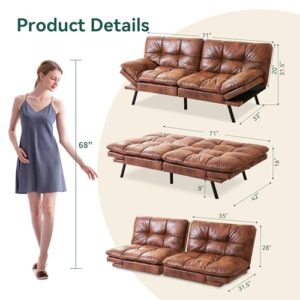 Hcore Convertible Futon Sofa Bed Brwon PU Memory Foam Loveseat.Small Euro Lounger Sofa for Compact Living Spaces.Apartment.Dorm.Studio.Guest Room.Home Office