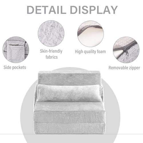Tiita Folding Sofa Bed with Pillow Single Size Mattress&Plush Fabric with Portable Storage Bag.Floor Lounger Chair Bed for Living Room.Guest Room.Dorm.Apartment.Upstairs Loft.Home Office.White Gray