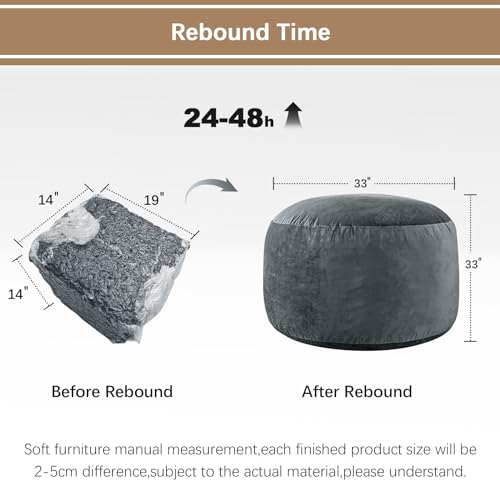 ILPEOD Bean Bag Chairs for Adults - 3' Memory Foam Furniture BeanBag - Kids/Teens Sofa with Soft Micro Fiber Cover - Round Fluffy Couch for Living Room Bedroom College Dorm - 3 ft. Grey