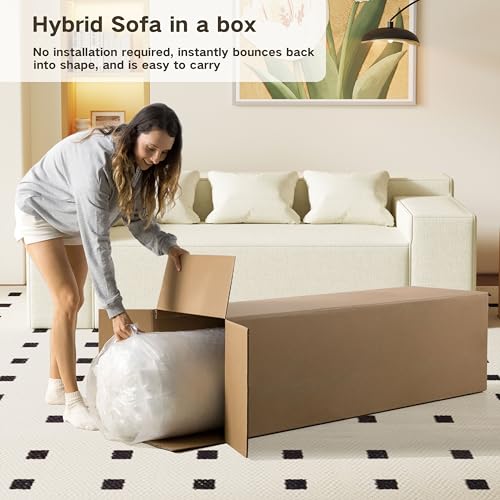 Modern 3-Seater Sofa. Hybrid Sofa in a Box. No Assembly Required. Comfy Sofa Couch with 3 Matching Pillows. Cat-Scratch Resistant Linen. Couch for Living Room or Bedroom. Beige