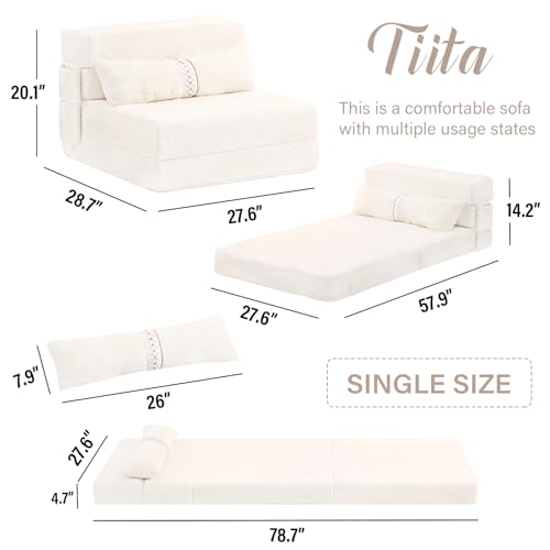 Tiita Folding Sofa Bed Couch.Single Size Foldable Futon Chair Bed with Pillow. Folding Sleeper Sofa Chair Bed Floor Mattress for Guest Room. Living Room. Beige