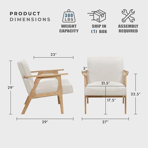 Lexicon Mid Century Modern Accent Chair. Upholstered Lounge Armchair. Single Sofa Seat. Natural Finish Solid Wood Framed Comfy Side Chairs for Living Room/Bedroom/Office/Waiting Area. Beige