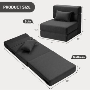 SUYOLS Folding Sofa Bed with Pillow- Convertible Chair Floor Couch & Sleeping Mattress. Foldable Memory Foam Sleeper for Living Room/Dorm/Guest Room/Home Office/Apartment/Loft. Single26. Dark Gray