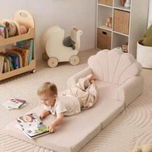 Blissful Diary Kids Couch. 2-in-1 Soft Toddler Couch Fold Out. Toddler Chair Comfy. Convertible Sofa to Lounger. Kids Furniture for Playroom. Gift for Birthday. Children's Day. Beige Shell