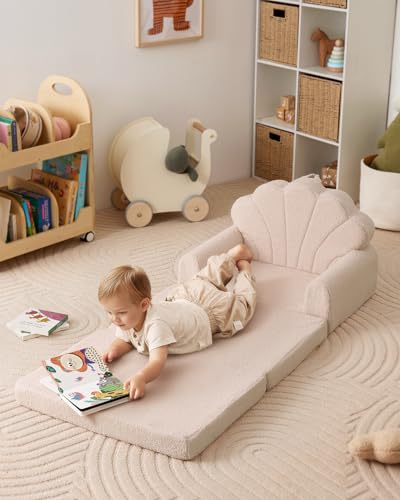 Blissful Diary Kids Couch. 2-in-1 Soft Toddler Couch Fold Out. Toddler Chair Comfy. Convertible Sofa to Lounger. Kids Furniture for Playroom. Gift for Birthday. Children's Day. Beige Shell