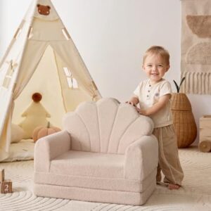 Blissful Diary Kids Couch. 2-in-1 Soft Toddler Couch Fold Out. Toddler Chair Comfy. Convertible Sofa to Lounger. Kids Furniture for Playroom. Gift for Birthday. Children's Day. Beige Shell