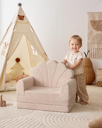 Blissful Diary Kids Couch. 2-in-1 Soft Toddler Couch Fold Out. Toddler Chair Comfy. Convertible Sofa to Lounger. Kids Furniture for Playroom. Gift for Birthday. Children's Day. Beige Shell