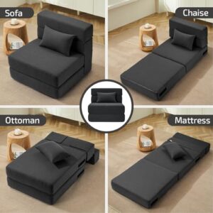 SUYOLS Folding Sofa Bed with Pillow- Convertible Chair Floor Couch & Sleeping Mattress. Foldable Memory Foam Sleeper for Living Room/Dorm/Guest Room/Home Office/Apartment/Loft. Single26. Dark Gray