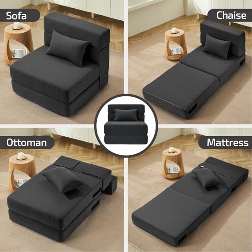 SUYOLS Folding Sofa Bed with Pillow- Convertible Chair Floor Couch & Sleeping Mattress. Foldable Memory Foam Sleeper for Living Room/Dorm/Guest Room/Home Office/Apartment/Loft. Single26. Dark Gray