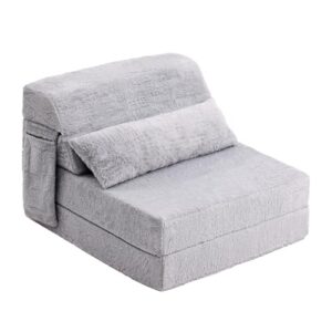 Tiita Folding Sofa Bed with Pillow Single Size Mattress&Plush Fabric with Portable Storage Bag.Floor Lounger Chair Bed for Living Room.Guest Room.Dorm.Apartment.Upstairs Loft.Home Office.White Gray