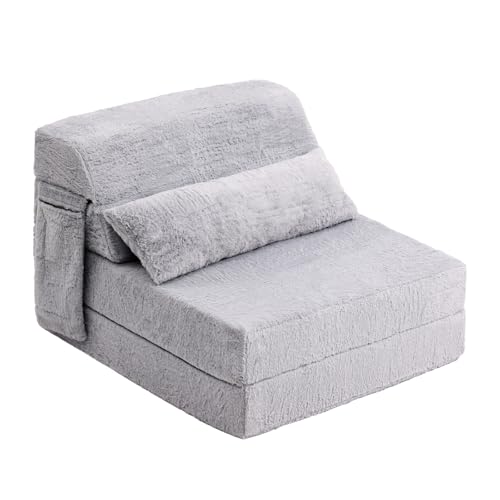 Tiita Folding Sofa Bed with Pillow Single Size Mattress&Plush Fabric with Portable Storage Bag.Floor Lounger Chair Bed for Living Room.Guest Room.Dorm.Apartment.Upstairs Loft.Home Office.White Gray
