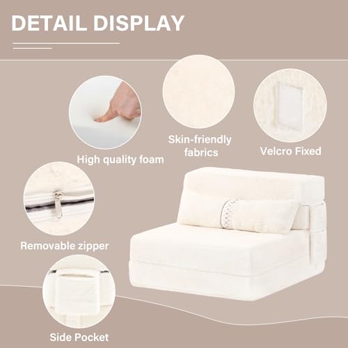 Tiita Folding Sofa Bed Couch.Single Size Foldable Futon Chair Bed with Pillow. Folding Sleeper Sofa Chair Bed Floor Mattress for Guest Room. Living Room. Beige