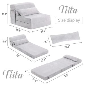 Tiita Folding Sofa Bed with Pillow Single Size Mattress&Plush Fabric with Portable Storage Bag.Floor Lounger Chair Bed for Living Room.Guest Room.Dorm.Apartment.Upstairs Loft.Home Office.White Gray