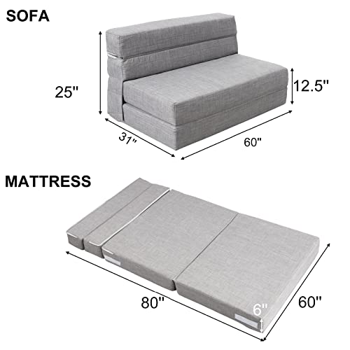 ANONER 60 Folding Sleeper Chair Sofa Bed Lazy Couch with 2 Pillows. Queen Size Memory Foam Washable Cover. Light Gray