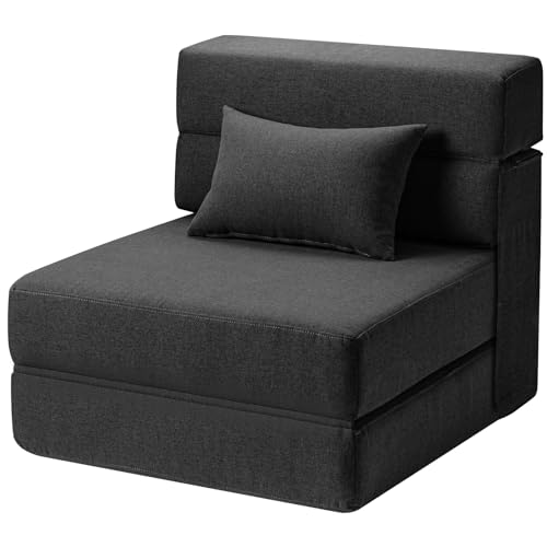 SUYOLS Folding Sofa Bed with Pillow- Convertible Chair Floor Couch & Sleeping Mattress. Foldable Memory Foam Sleeper for Living Room/Dorm/Guest Room/Home Office/Apartment/Loft. Single26. Dark Gray