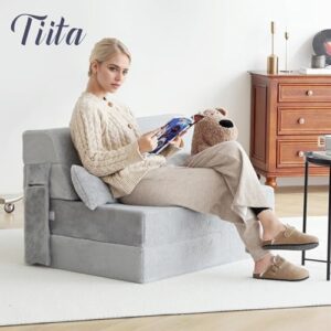Tiita Folding Sofa Bed with Pillow Single Size Mattress&Plush Fabric with Portable Storage Bag.Floor Lounger Chair Bed for Living Room.Guest Room.Dorm.Apartment.Upstairs Loft.Home Office.White Gray