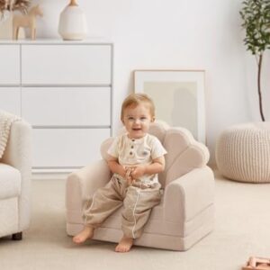 Blissful Diary Kids Couch. 2-in-1 Soft Toddler Couch Fold Out. Toddler Chair Comfy. Convertible Sofa to Lounger. Kids Furniture for Playroom. Gift for Birthday. Children's Day. Beige Shell