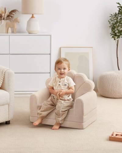 Blissful Diary Kids Couch. 2-in-1 Soft Toddler Couch Fold Out. Toddler Chair Comfy. Convertible Sofa to Lounger. Kids Furniture for Playroom. Gift for Birthday. Children's Day. Beige Shell