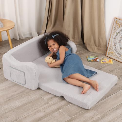 BestRoyal Extra Wide Toddler Chair. 2-in-1 Toddler Couch Fold Out. Convertible Sherpa Sofa to Lounger for Boys & Girls. Grey