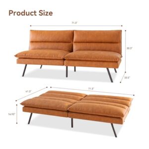 Opoiar Convertible Armless Futon Sofa Bed.3'' Memory Foam Modern Loveseat Couch.71'' L Sleeper Bed.Small Splitback Faux Leather for Living Room.Home Office.Apartment.Brown.534brown