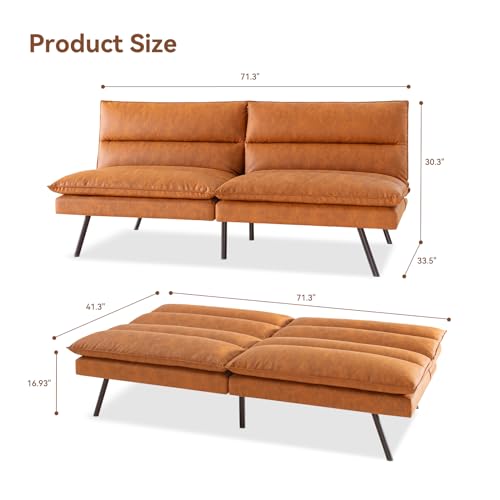 Opoiar Convertible Armless Futon Sofa Bed.3'' Memory Foam Modern Loveseat Couch.71'' L Sleeper Bed.Small Splitback Faux Leather for Living Room.Home Office.Apartment.Brown.534brown