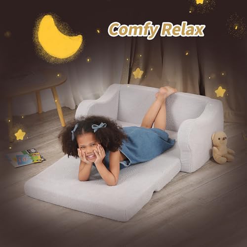 BestRoyal Extra Wide Toddler Chair. 2-in-1 Toddler Couch Fold Out. Convertible Sherpa Sofa to Lounger for Boys & Girls. Grey