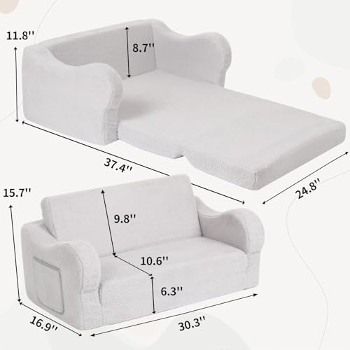 BestRoyal Extra Wide Toddler Chair. 2-in-1 Toddler Couch Fold Out. Convertible Sherpa Sofa to Lounger for Boys & Girls. Grey