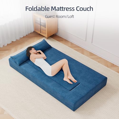 Luoxiao 75'' Folding Futon Sofa Bed 2-in-1 Convertible Floor Couch with 2 Pillows Foldable Sleeper Chair for Small Spaces Mattress Couch for Living Room. Guest. Playroom. Apartment Twin. Navy Blue