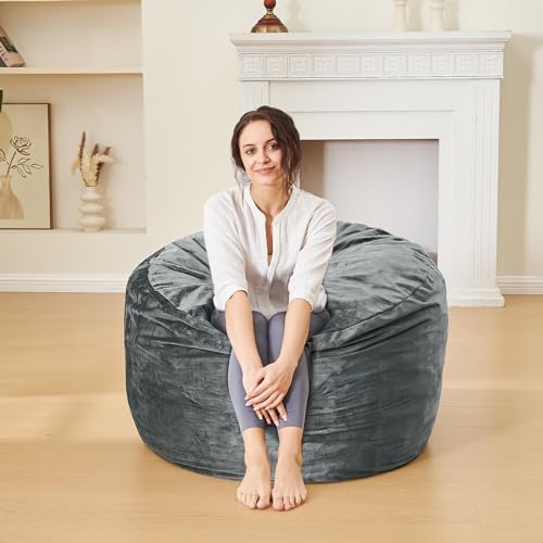 ILPEOD Bean Bag Chairs for Adults - 3' Memory Foam Furniture BeanBag - Kids/Teens Sofa with Soft Micro Fiber Cover - Round Fluffy Couch for Living Room Bedroom College Dorm - 3 ft. Grey