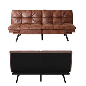 Hcore Convertible Futon Sofa Bed Brwon PU Memory Foam Loveseat.Small Euro Lounger Sofa for Compact Living Spaces.Apartment.Dorm.Studio.Guest Room.Home Office