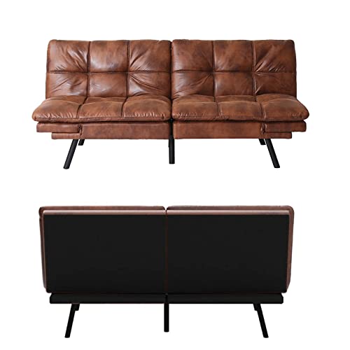 Hcore Convertible Futon Sofa Bed Brwon PU Memory Foam Loveseat.Small Euro Lounger Sofa for Compact Living Spaces.Apartment.Dorm.Studio.Guest Room.Home Office