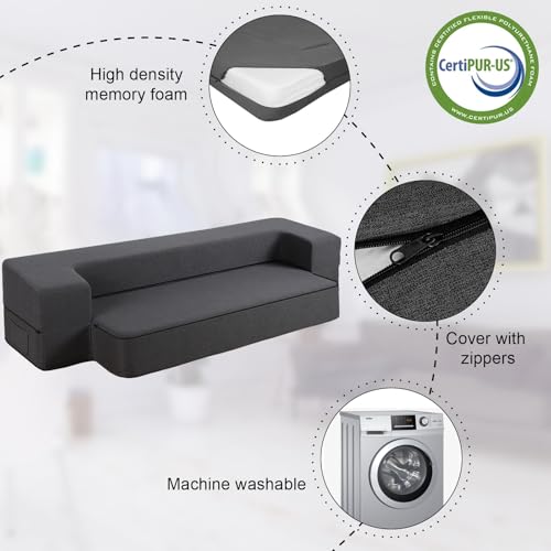 HonTop 8 Inch Folding Sofa Bed Couch Queen Memory Foam Convertible Futon Sleeper Chair Foam Bed for Bedroom Living Room Guest. Dark Grey Queen