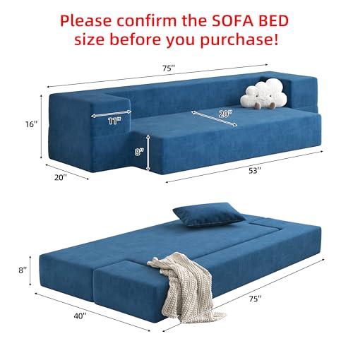 Luoxiao 75'' Folding Futon Sofa Bed 2-in-1 Convertible Floor Couch with 2 Pillows Foldable Sleeper Chair for Small Spaces Mattress Couch for Living Room. Guest. Playroom. Apartment Twin. Navy Blue