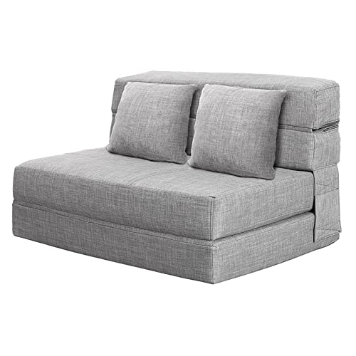 ANONER 60 Folding Sleeper Chair Sofa Bed Lazy Couch with 2 Pillows. Queen Size Memory Foam Washable Cover. Light Gray